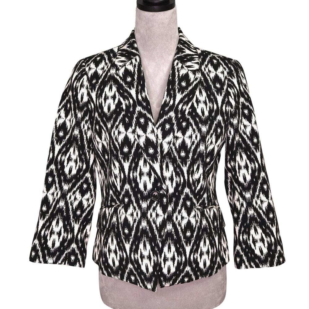 Talbots Jacket Womens 4 Black White Ikat Lined Blazer Stretch Cotton Career